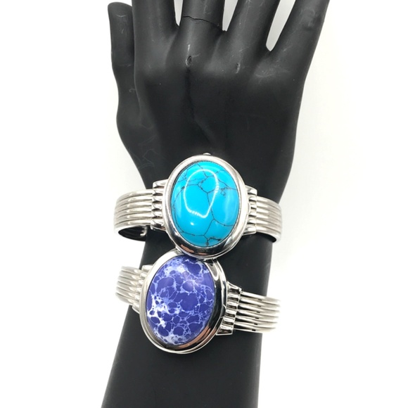Lot of 2 Burgi Womens Cuff Watches Flip Open Faux Lapis & Turquoise New Battery - Picture 1 of 12